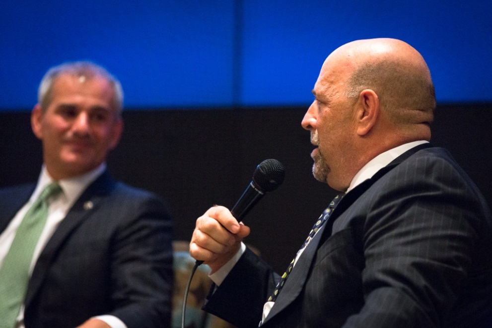 Andrew Liepman discusses the challenges he encountered early on as an NCTC leader during the former directors panel held June 2014 at ODNI’s Liberty Crossing Auditorium. (ODNI Public Affairs)
